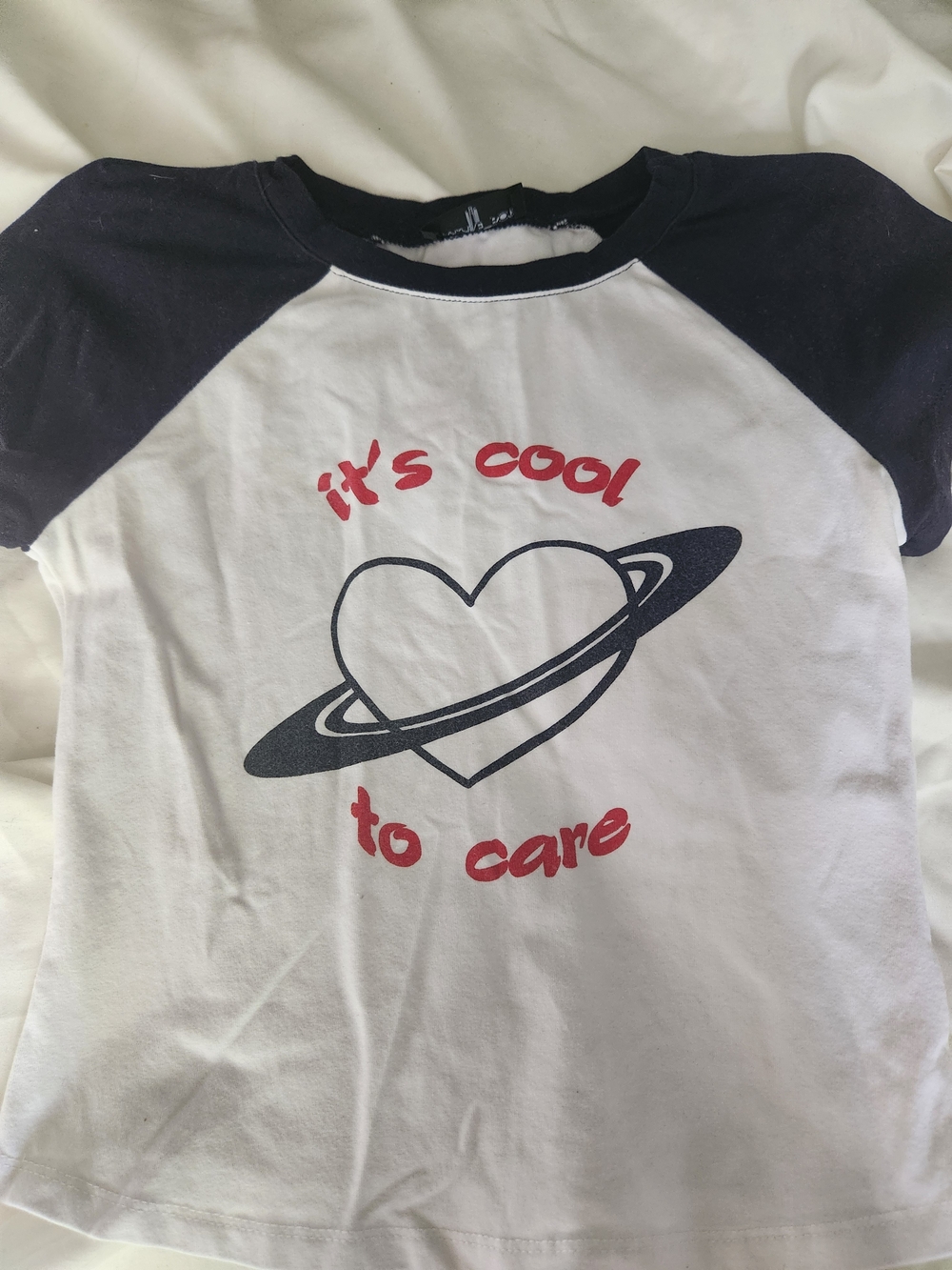 White Fox Raglan Tee - White & Navy "It's Cool to Care"